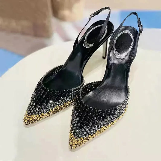 Star style Gradient Rhinestones Pointed toe Stiletto High heels Women Sandals Fashion Spring Summer Slingbacks Party Prom Shoes