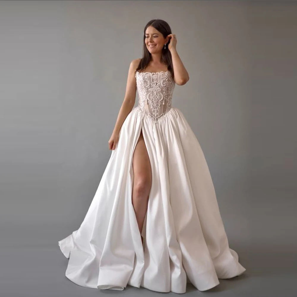 Elegant Off White Satin Women Wedding Dresses Sexy Sleeveless A-Line Gowns Mopping Length Banquet Vestidos De Novias Customized