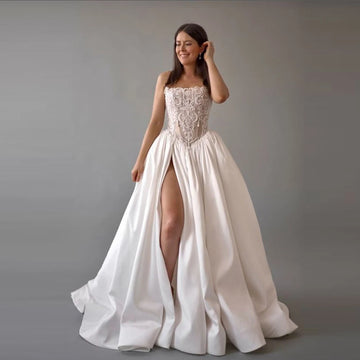 Elegant Off White Satin Women Wedding Dresses Sexy Sleeveless A-Line Gowns Mopping Length Banquet Vestidos De Novias Customized