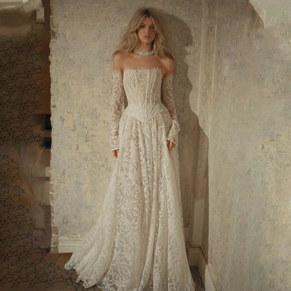 Popular Scoop Neck Full Lace Bridal Grown A Line Wedding Dresses Detachable Long Sleeves Custom Made 2026 Vestido De Noival