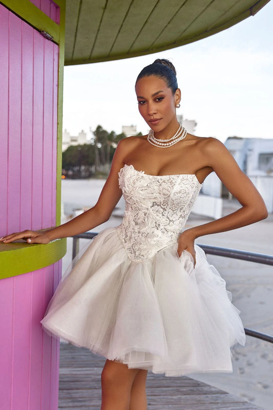 Affordable Short Bridal Dress - Shiny Tulle Skirt with Lace Applique, Ruffled Hem - Perfect for Casual Weddings