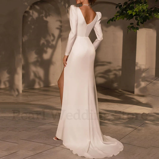 Bridal Puff Long Sleeves Wedding Dress V-Neck with Pleat Sexy High Side Slit Floor Length Bride Straight Marriage Gown Backless