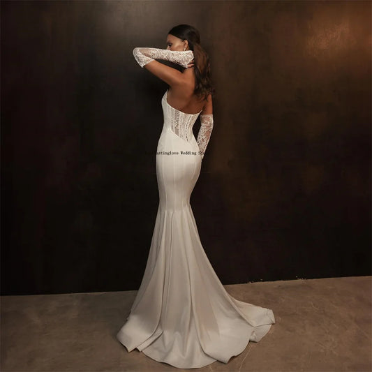 Modern Lace Around V-neck Satin Mermaid Wedding Dresses Long Sleeves Sweep Train Custom Made 2026 Rode De Morrie