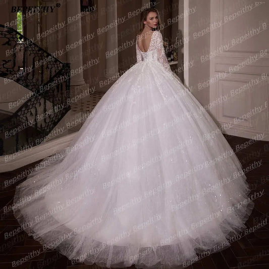 BEPEITHY Customized Princess Glitter Ivory Wedding Dresses Women Full Sleeves Lace Ball Bridal Gown Court Train 2025 Sweetheart