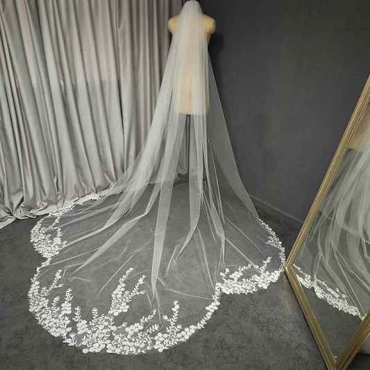 Customized Mermaid Tail Cathedral Wedding Veil, Beautiful Floral Lace Bridal Veil, 3m/3.5m/4m Long Single Tier Veil, Velo