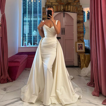 Two Straps Pleat Sweethart Mermaid Wedding Dresses With Detachable Train Two Piece Custom Made  Vestido De Noival