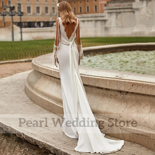 Charming Civil Mermaid Wedding Dresses V-Neck Sleeveless Pleat Lace and Applique Bridal Customized Dress with Belt  Beading Gown