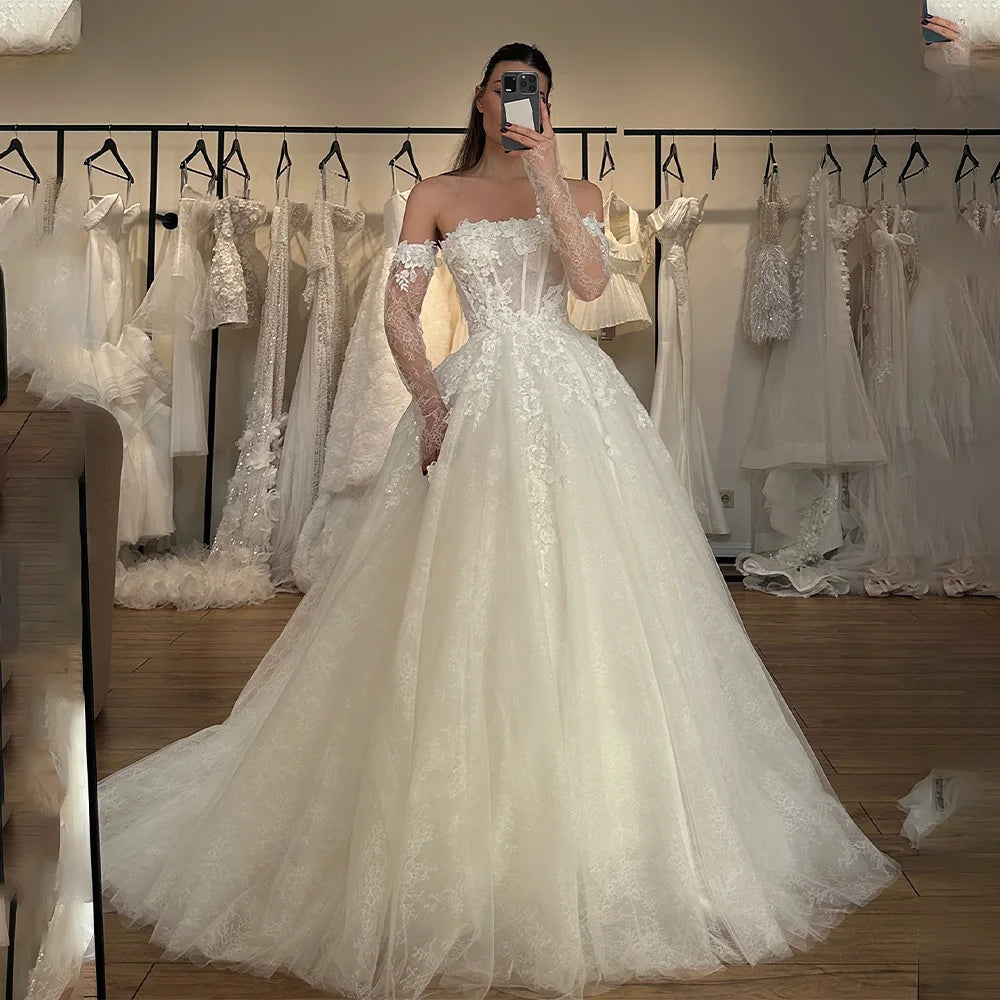 Detachable Long Sleeves Strapless Lace Applique Shiny Bridal Grown A Line Wedding Dresses Custom Made 2025 Vestido De Noival