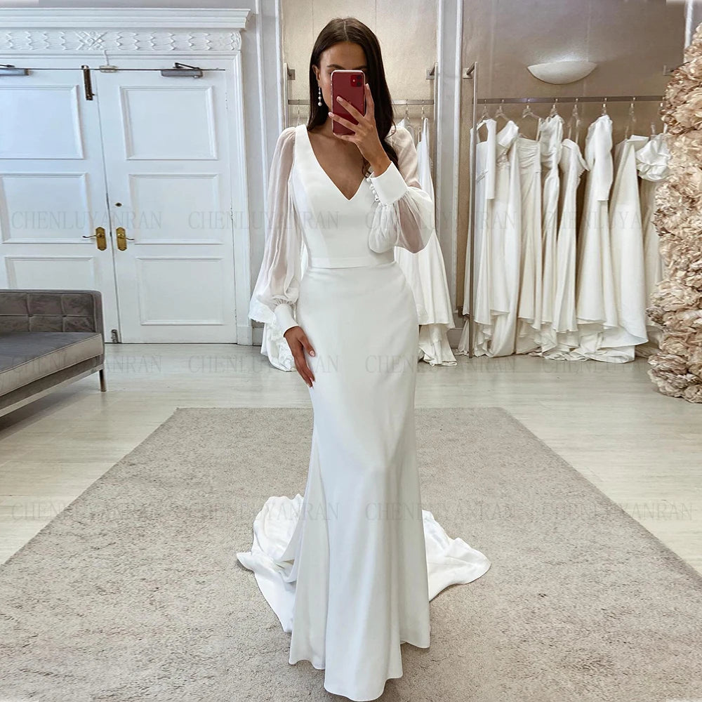 Mermaid Elegant Wedding Dresses V-Neck Long Sleeves Satin Bride Dresses Simple Sweep Train Dresses For Women 2025 Robe De Mariée