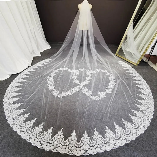 Real Photos 4 Meters Long  Wedding Veil Lace Appliques Heart Pattern One Layer Bridal Veil with Comb Wedding Accessories