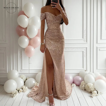 Women Mermaid Champagne Evening Maxi Dresses 2025 Elegant Off-Shoulder Sequin Split Formal Prom Dresses For Party Customized