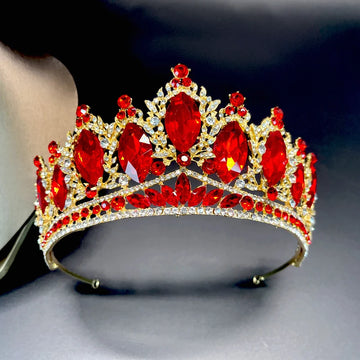 Classic Baroque Red Crystal Crown Wedding Large Luxury Water Diamond Shining Princess Crown Banquet Birthday Ball Hair Jewelry
