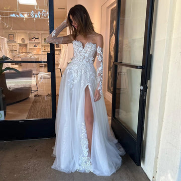 Detachable Long Sleeves Sweethart  3D Flower Lace Applique Bridal Grown A Line Wedding Dresses Side Slit 2025 Vestido De Noival