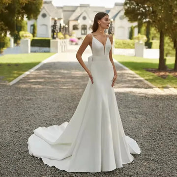 Elegant A Line Wedding Dresses Bride Satin V Neck Backless Big Bow Court Train Bride Gown Classic Bridal Dress Customized