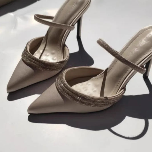 Pointed Toe High Heels Women's New 2025 Thin Heel Rhinestone Silk Satin Covered Slip-On Shoes Versatile Fashionable Two-Way Wear