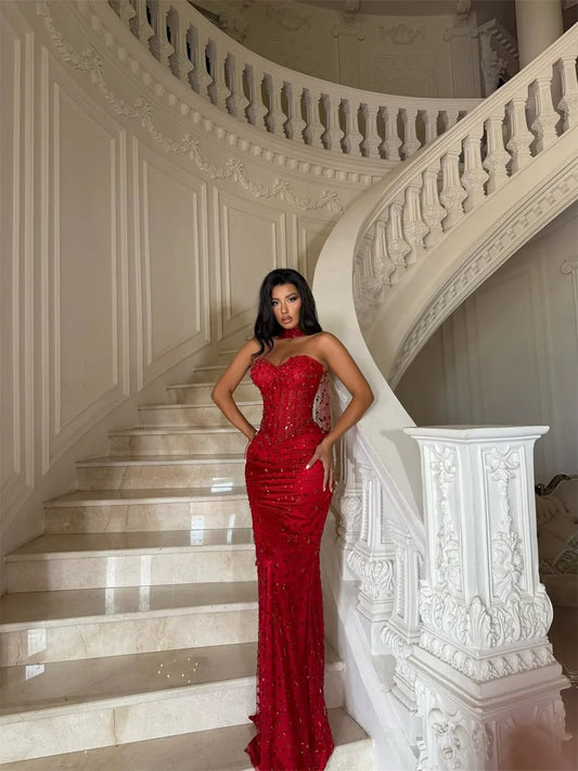 Amanda Customized Red Mermaid Rhinestones Prom Dress Halter Neck Floor-Length vestidos de noche Luxury Sleeveless Formal Evening