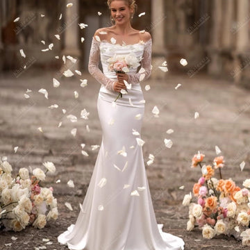 Sexy Wedding Dress Satin Bridal Gowns Lace Appliques Charming Robes Sweep Train Floor Length Vestido De Novia Customized 2025