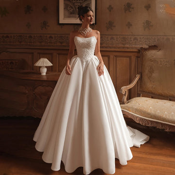 Stunning Beaded Sequined Scoop Neckline Satin Brial Grown A Line Wedding Dresses Custom Made 2026 Vestido De Noival