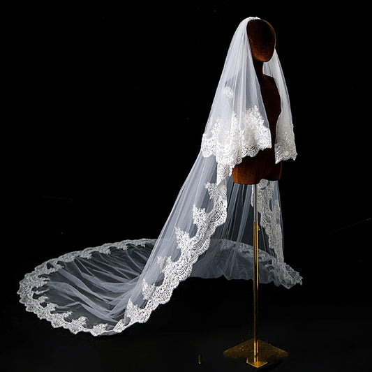 New Arrival White Ivory Cathedral Wedding Veils Beaded Crystals Bride wedding accessories Veu de noiva Lace Appliques Veils