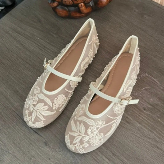 Floral Embroider Mesh Mary Janes Shoes Lady Luxury Designer Footwear Comfortable Summer Light Daily Walking Women Ballet Flats