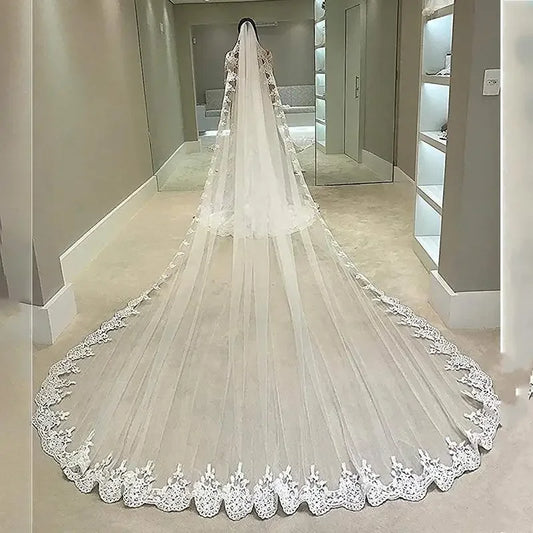 Vintage One Layer Cathedral Wedding Veil Floral Lace Appliqued Soft Tulle Dramatic Bridal Accessory