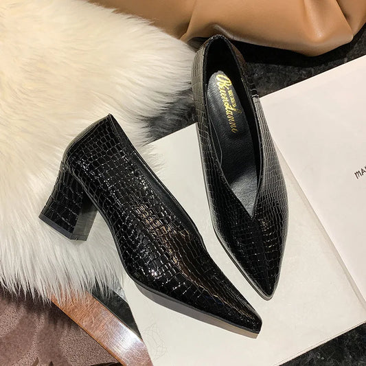 Vintage black Soft Leather Shallow Pointed Toe Thick Heel Women's Flats 2024 New Spring Summer High Heel Versatile High Shoes