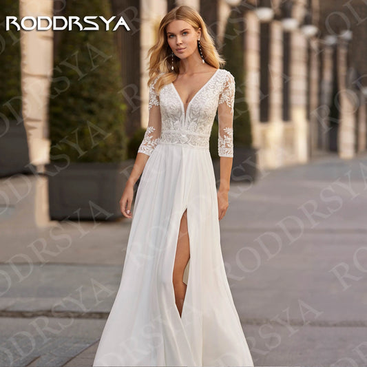 RODDRSYA Modern A Line Wedding Dress Chiffon Split Front Illusion Lace Three-Quarter Sleeves Bridal Dresses Open Back Customized