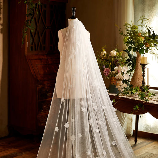 Romantic 1 Tier Cathedral Train Floral 3D Flowers Bridal Wedding Veil Soft Tulle Marriage Bridal Veil with Comb
