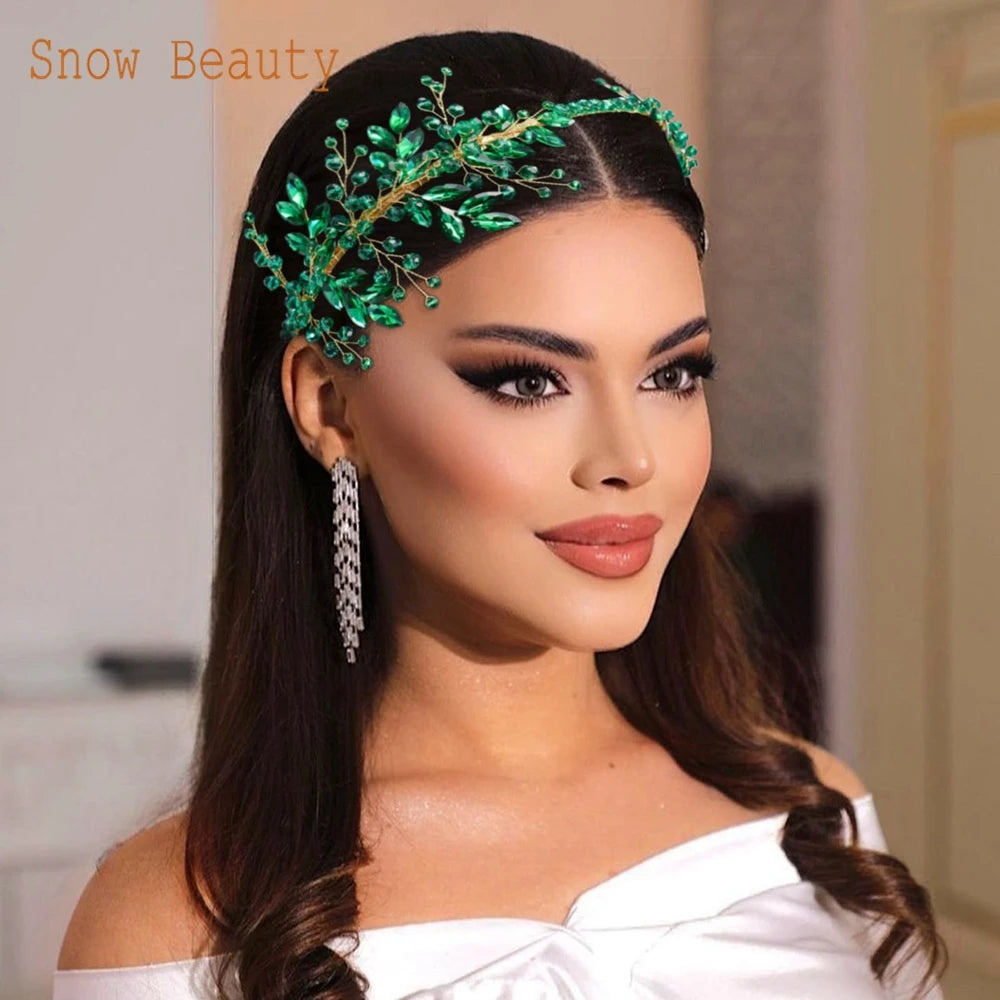 DZ097 Green Wedding Headpiece Crystal Party Hairband Hair Hoop Bohemia Baroque Headband Vintage Bridal Headdress for Women Tiara