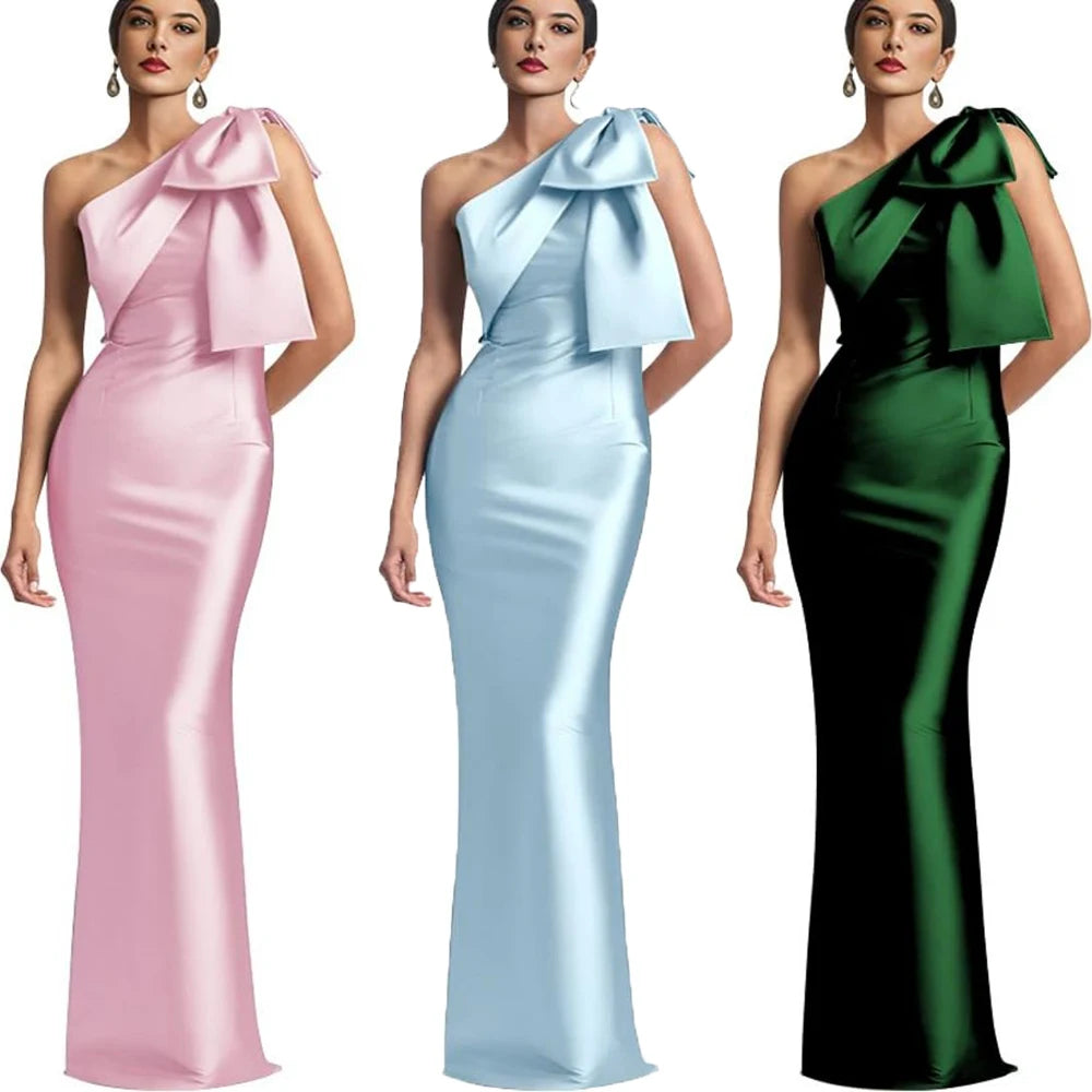 Evening Dress Women Elegant Tight Sexy Satin Single Shoulder With Bow Bridal Formal Long Ball Gowns Trend Pageant Dress