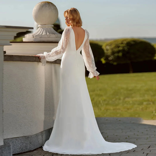 Elegant Mermaid Wedding Dresses V Neck Customized Full Sleeve Bride Gown With Lace Applique A-Line Court Train Summer New