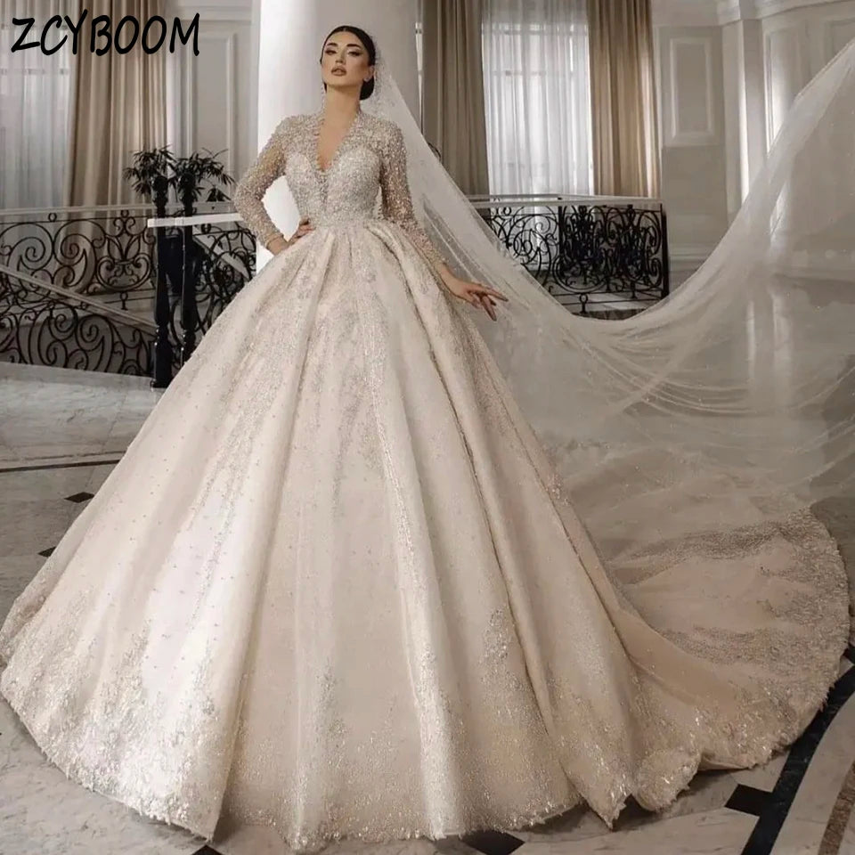 Customized V-Neck Sequin Appliques Long Sleeves White Wedding Dress 2025 Ball Gown Floor Length Sweep Train Lace Up Bridal Gown