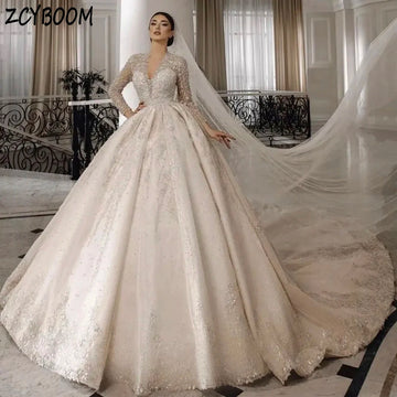 Customized V-Neck Sequin Appliques Long Sleeves White Wedding Dress 2025 Ball Gown Floor Length Sweep Train Lace Up Bridal Gown