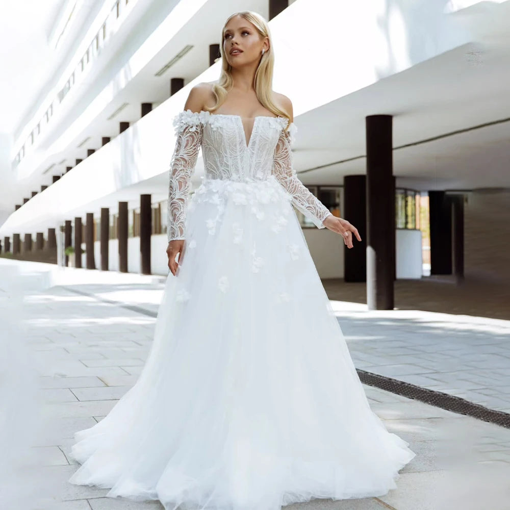 【Hot Sale】Long Sleeve A-Line Wedding Dress with 3D Lace & Bead Embroidery - Small V-Neck Bridal Gown