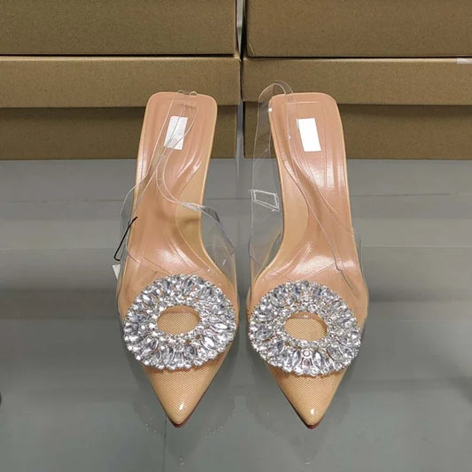 Luxury Brand Women Slingback High Heels Sandals Rhinestones Circle Transparent PVC Weddings Bridal Pointed Shoes for Lady