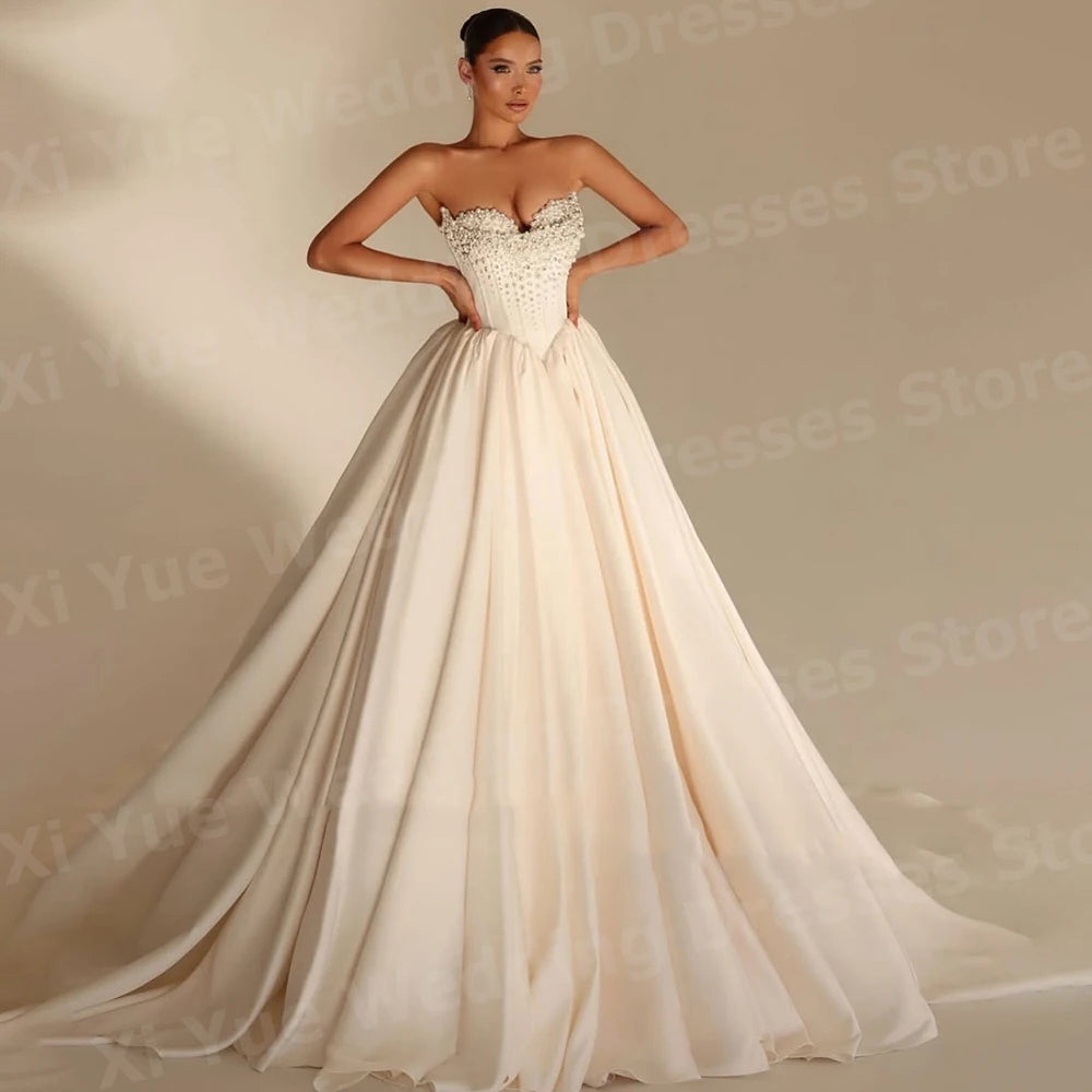 Elegant A Line Women's Wedding Dresses Satin Bride Gowns Sleeveless Vestidos Pearls Backless Customized Vestido De Novia Boda