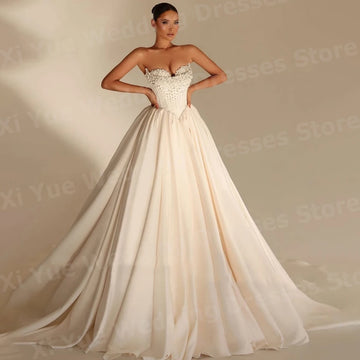Elegant A Line Women's Wedding Dresses Satin Bride Gowns Sleeveless Vestidos Pearls Backless Customized Vestido De Novia Boda