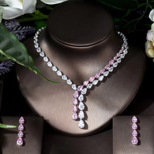 HIBRIDE Clear Best Quality Brilliant Crystal Zircoina Earrings And Necklace Bridal Jewelry Set Wedding Dress Accessories N-1453