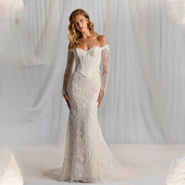 Elegant Off The Shoulder Long Sleeves Sweethat Full Lace Mermaid Wedding Dresses Custom Made 2026  Rode De Morrie