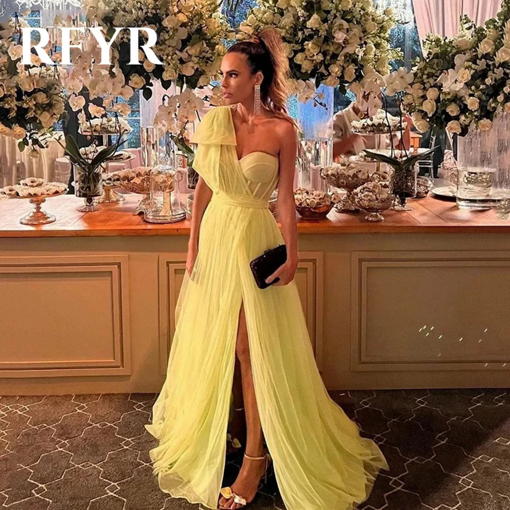RFYR Yellow One-Shoulder Prom Dress Sweetheart Long Pleat Boned Evening Dress High Split Elegant Formal Party Gown Customized