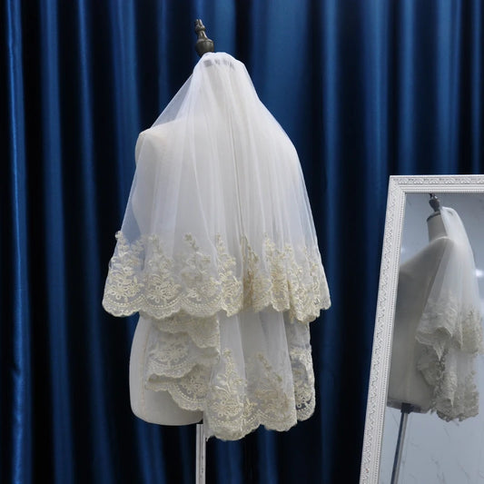 Women Bridal Veil Gold 2 Layers Short Tulle With Comb Wedding Accessories Real Sample