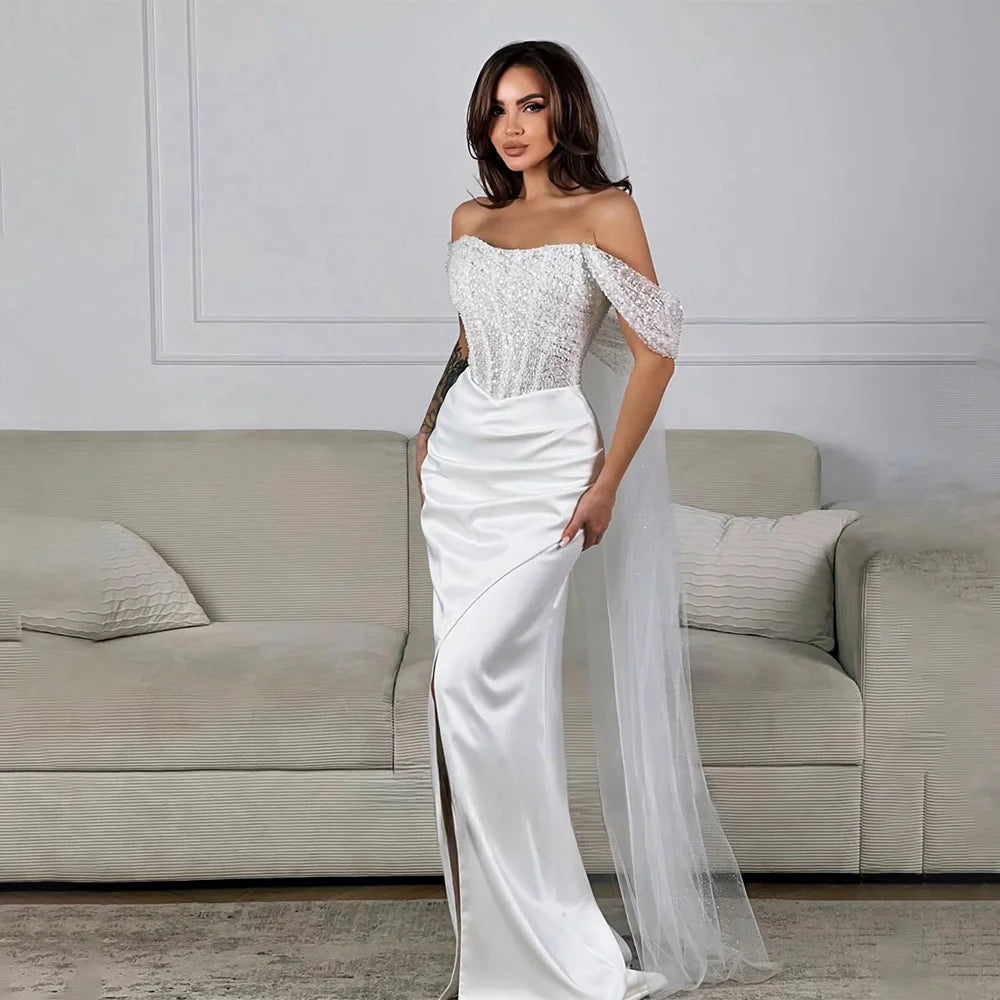 Shiny Beaded Sequined Sweetheart  Satin Sheath Wedding Dresses Side Slit  Corset Custom Made 2026 Vestido De Noival