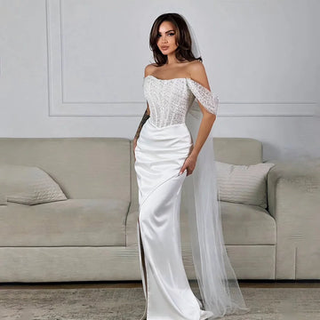 Shiny Beaded Sequined Sweetheart  Satin Sheath Wedding Dresses Side Slit  Corset Custom Made 2026 Vestido De Noival