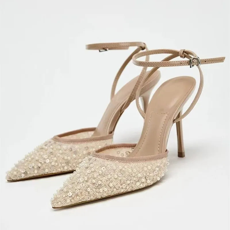 Luxury Bling String Bead Mesh Designer Pumps Women Sexy Pointed Toe Ankle Strap High Heels Elegant Party Wedding Heeled Sandals