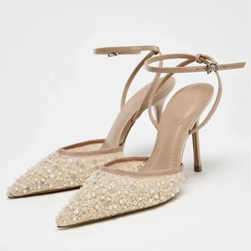Luxury Bling String Bead Mesh Designer Pumps Women Sexy Pointed Toe Ankle Strap High Heels Elegant Party Wedding Heeled Sandals