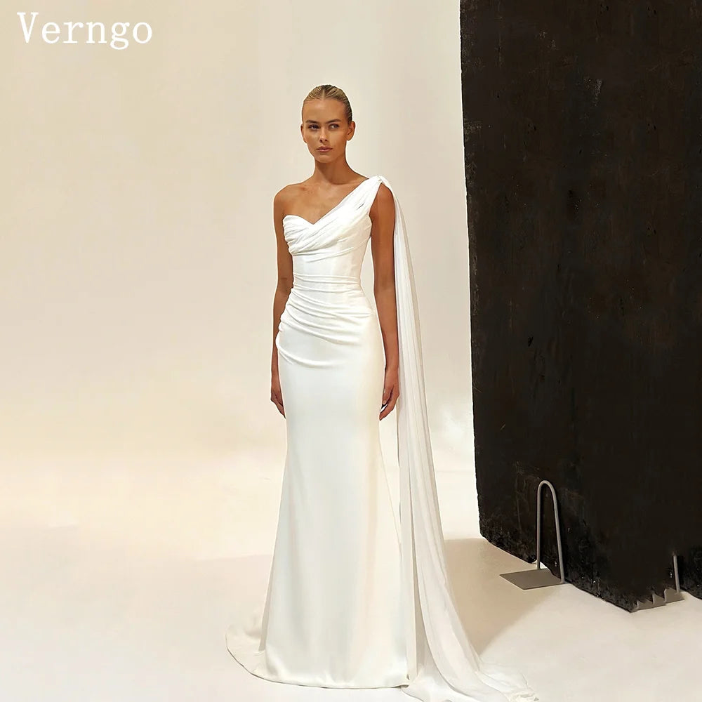Verngo lvory Satin Wedding Dress One Shoulder Mermaid Bridal Gowns Elegant Sweap Train Women Bride Dress Customized