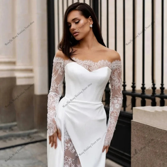 ZHUISHU Elegant Lace Long Sleeves Satin Mermiad Wedding Dress Off The Shoulder Sweep Train Graceful Vestidos De Novia Customized