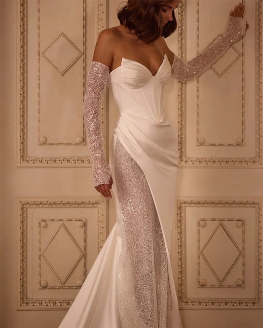 Off-Shoulder Satin & Lace Wedding Dress – Modern Luxury Corset Bridal Gown | Maison Bridal