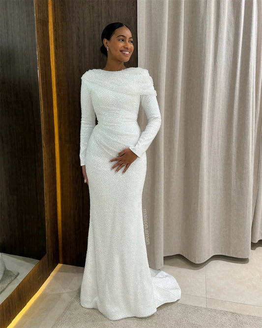 Shiny Beaded Sequined Long Sleeves Sheath Wedding Dresses With Detachable Tail Custom Made 2026 Vestido De Noival