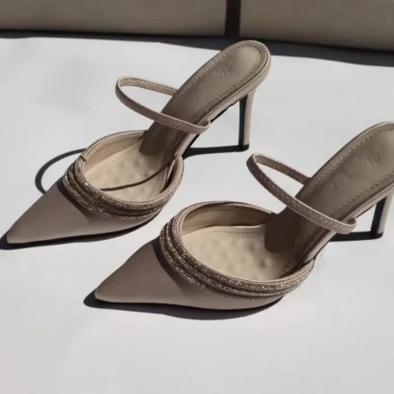 Pointed Toe High Heels Women's New 2025 Thin Heel Rhinestone Silk Satin Covered Slip-On Shoes Versatile Fashionable Two-Way Wear
